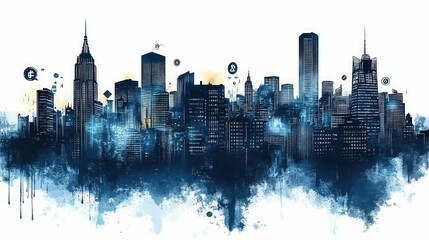 Fototapeta premium Blue watercolor cityscape, modern skyscrapers, digital symbols.
