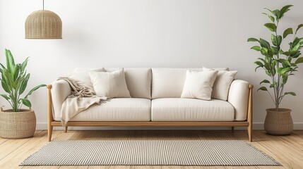 Serene living room interior with a cozy sofa plants and a woven rug creating a peaceful and inviting atmosphere in a modern home