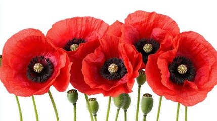 Obraz premium Vibrant Red Poppies Close Up Against White Background