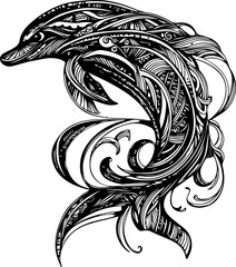 Obraz premium SVG vector features zentangle animal designs. Artistic Dolphin Illustration with Intricate Line Patterns