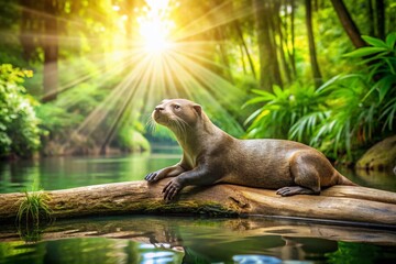 Obraz premium Panoramic Giant Otter Resting on Fallen Log in Amazon Rainforest