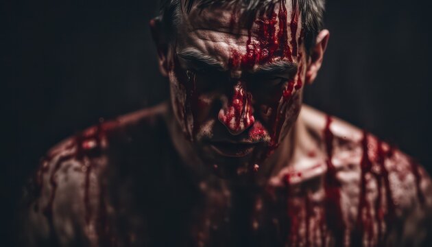 Bloodied man with intense gaze