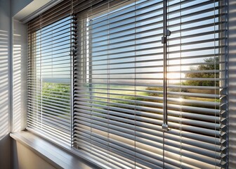 Panoramic Interior View of Modern Metal Window Blinds with Drawstring