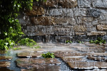 A rustic stone facade, glistening under heavy rain, with water pooling in cracks and ivy drenched in water