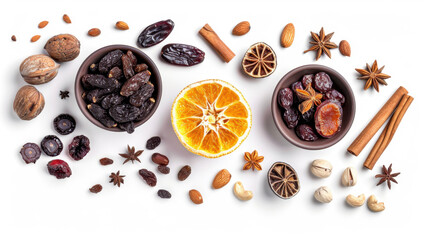 dried fruits and nuts isolated on white