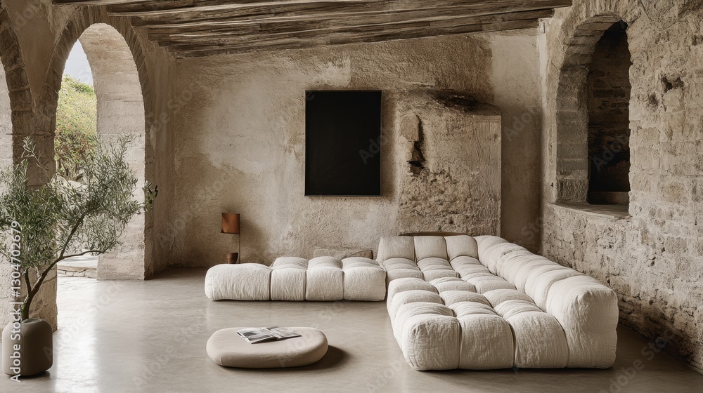 Poster serene rustic interior with modular sofa olive tree and stone walls creating a tranquil atmosphere s