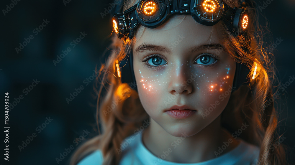 Poster young child with neural interface engages in futuristic learning in vibrant environment