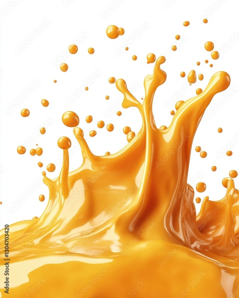 Poster vibrant splash of golden liquid creating dynamic forms and textures against a clean white background