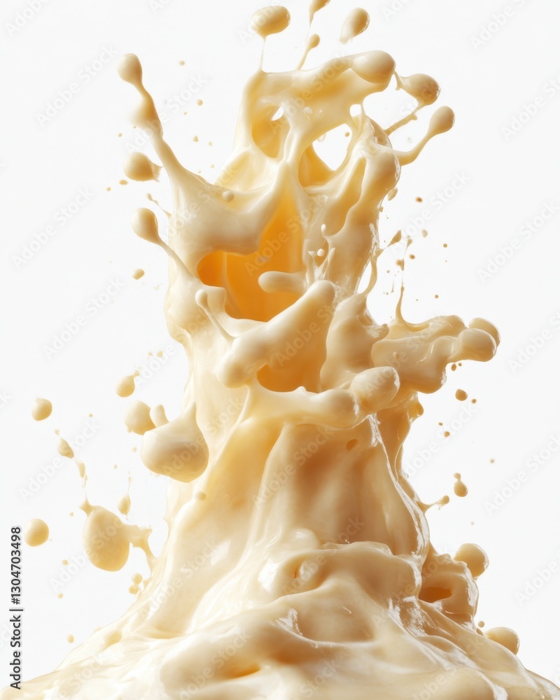 Poster creamy vanilla splash on bright white backdrop showing dynamic movement and smooth texture in studio