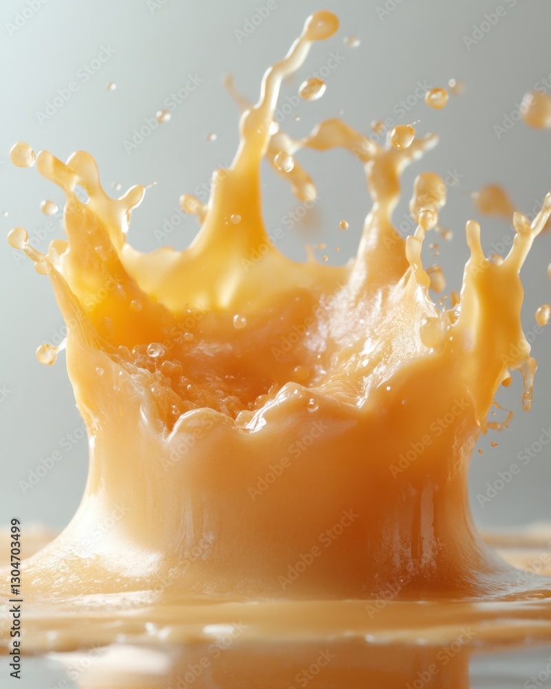 Poster captivating close up of orange liquid splash creating a crown shape against a soft grey background s