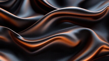 Luxurious black silk fabric drapes, studio shot, with soft orange highlights