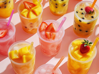 Stock photo of an assortment of tropical fruit bubble tea drinks, featuring fresh mango chunks and sliced strawberries, served in transparent cups with colorful straws on the pastel pink background