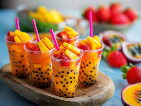 Stock photo of an assortment of tropical fruit bubble tea drinks, featuring fresh mango chunks, sliced strawberries, and passion fruit seeds, served in transparent cups with colorful straws