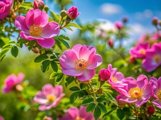Fototapeta premium Panoramic Summer Dogrose Bush: Delicate Pink Flowers Blooming, Sweet Scent