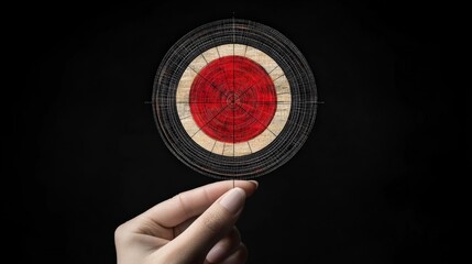 Hand Holding Circular Target with Red and White Design on Black Background