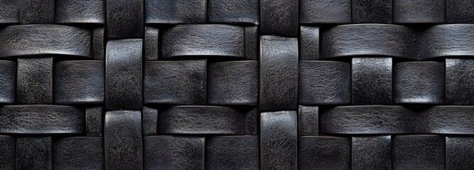 A monochromatic woven leather pattern with intricate, interlaced black and gray strips