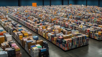 Neatly Stacked Packages in State-of-the-Art Warehouse Facility Showcasing Modern Inventory Management Techniques and Vast Storage Capacity