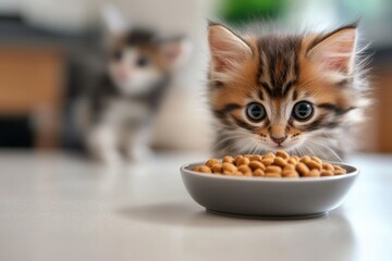 Adorable kitten eagerly gazing at a bowl of cat food.