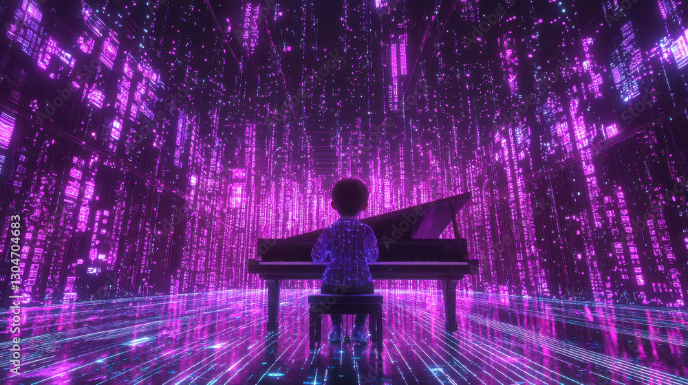 Poster child learns piano instantly with ai-driven neural implant in futuristic environment