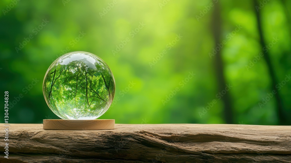 Poster glass ball with a tree inside placed on a wooden table representing business concept and focus on de