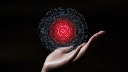 Hand Holding Abstract Red Circular Digital Design on Black Background