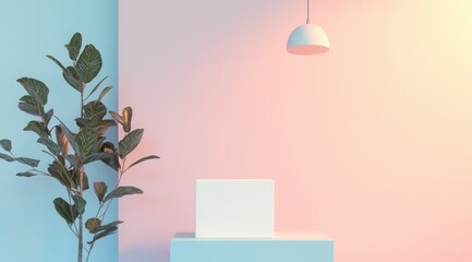 Minimalist workspace with laptop and indoor plant in pastel tones.