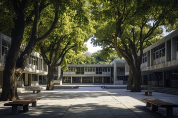 Obraz premium A school surrounded by large trees, featuring symmetric concrete buildings and an open-air courtyard with benches