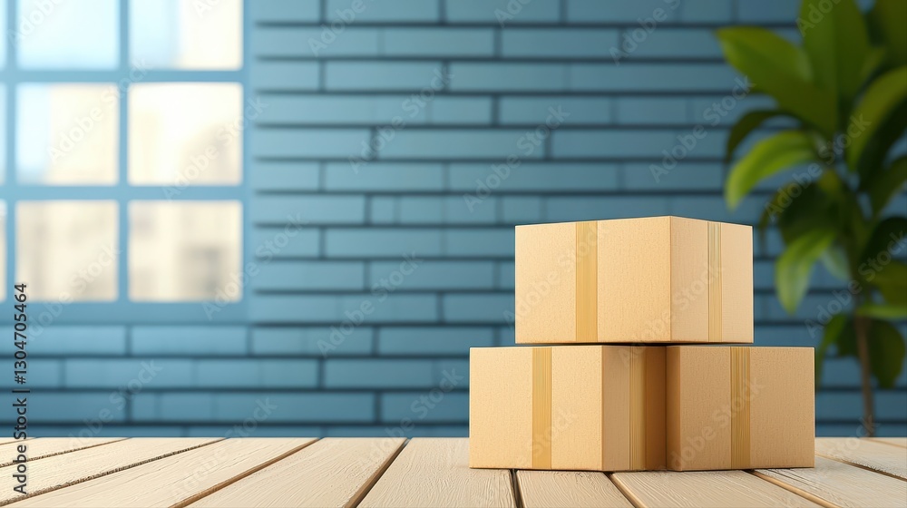 Poster stack of cardboard boxes on wooden table representing business and fast-moving consumer goods concep