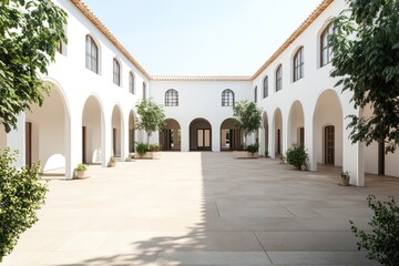 Fototapeta premium A school with a spacious paved courtyard, surrounded by whitewashed walls and arched walkways