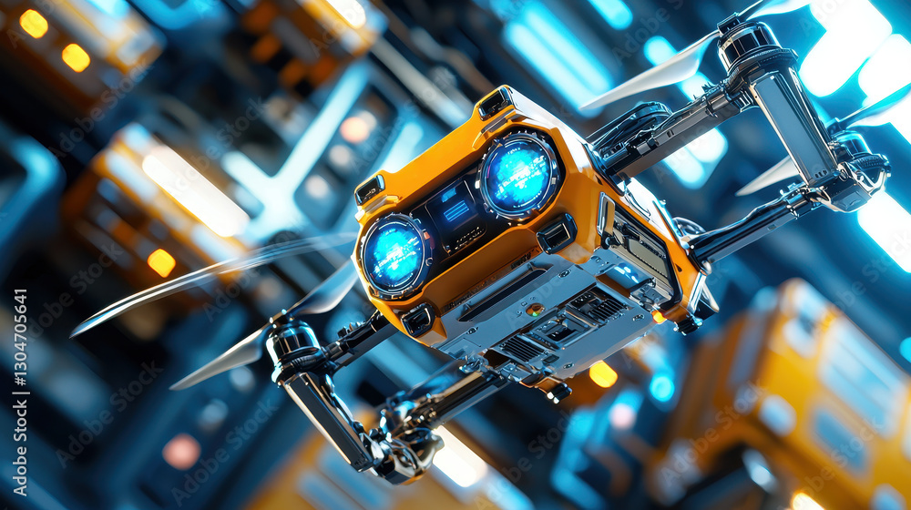 Poster advanced aerial drone flying in a high-tech environment with illuminated features