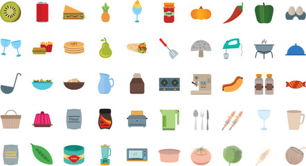 Food and Drink Multicolor Editable Icons set. Vector illustration in thin multicolor style of nutrition related icons: vegetables, fruits, desserts, meat, baked goods, drinks, and more.