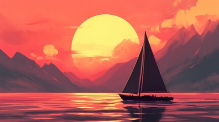 Fototapeta premium Sunset Sailboat on Calm Waters with Majestic Mountains in Background