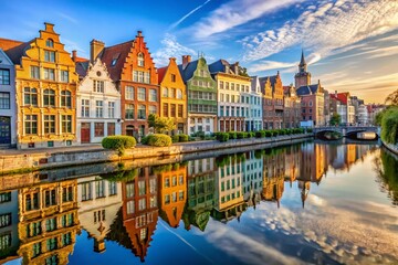 Panoramic View of Gabled Houses Lining Gent Canal, Belgium