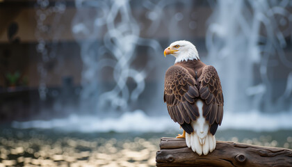 Bald eagle resting near cascading waterfall at dusk, natural beauty