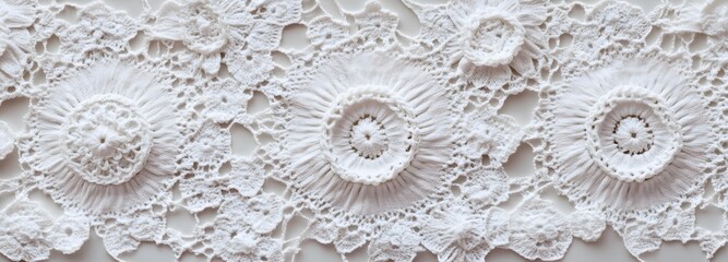 A delicate crochet weaving pattern with fine white lace details forming intricate floral designs