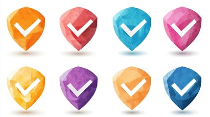 Eight Colorful Shields Each Featuring a White Check Mark Symbol
