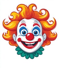 Fototapeta premium cute clown face cartoon character with red hair, blue eyes, and a yellow bow tie on a white background, simple flat design for children's illustrations