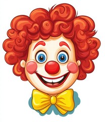 Fototapeta premium cute clown face cartoon character with red hair, blue eyes, and a yellow bow tie on a white background, simple flat design for children's illustrations