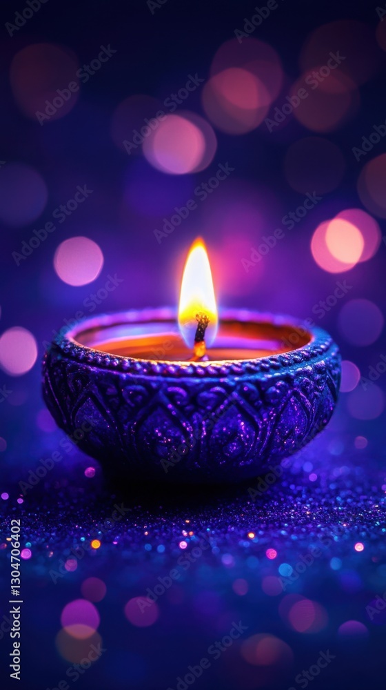 Poster intricate diya lamp glowing with warm light on a festive surface with bokeh background and vibrant p