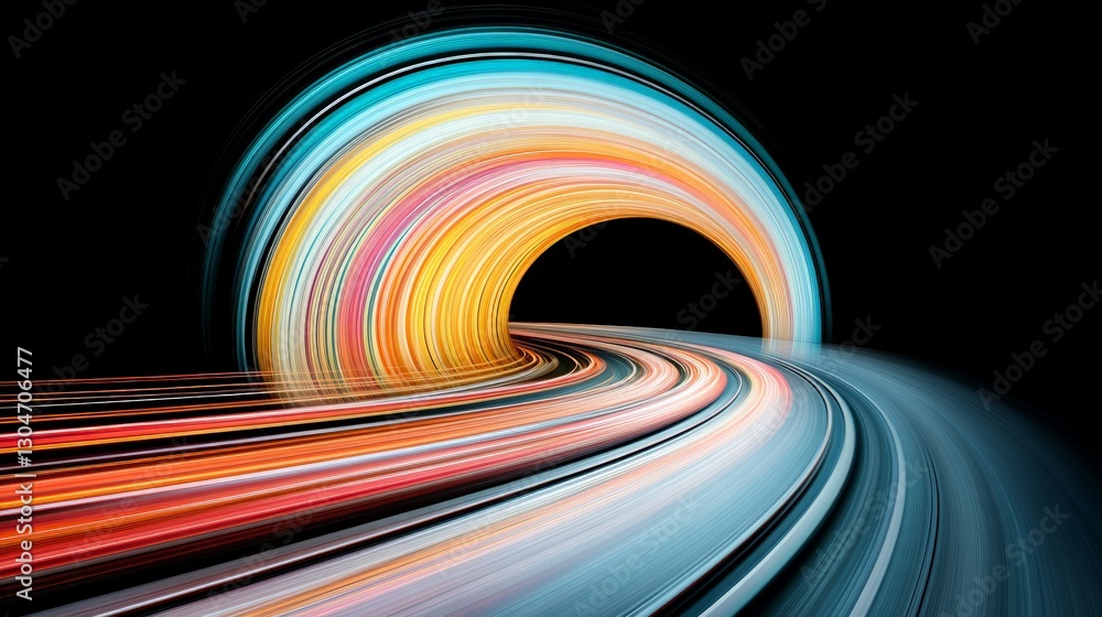 Poster colorful light trails creating abstract tunnel effect on dark background