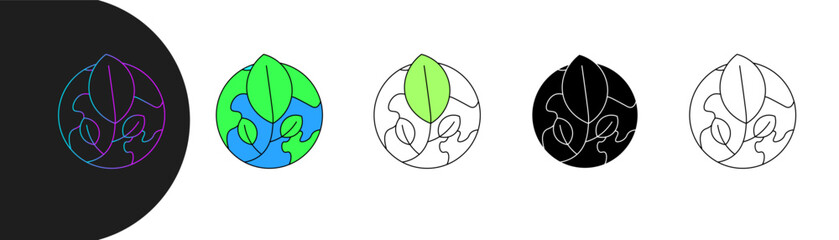 Earth icon with big leaf, symbolizing sustainability, environmental awareness, and harmony between nature and planet.includes style, gradient, colored, outline. editable stroke.