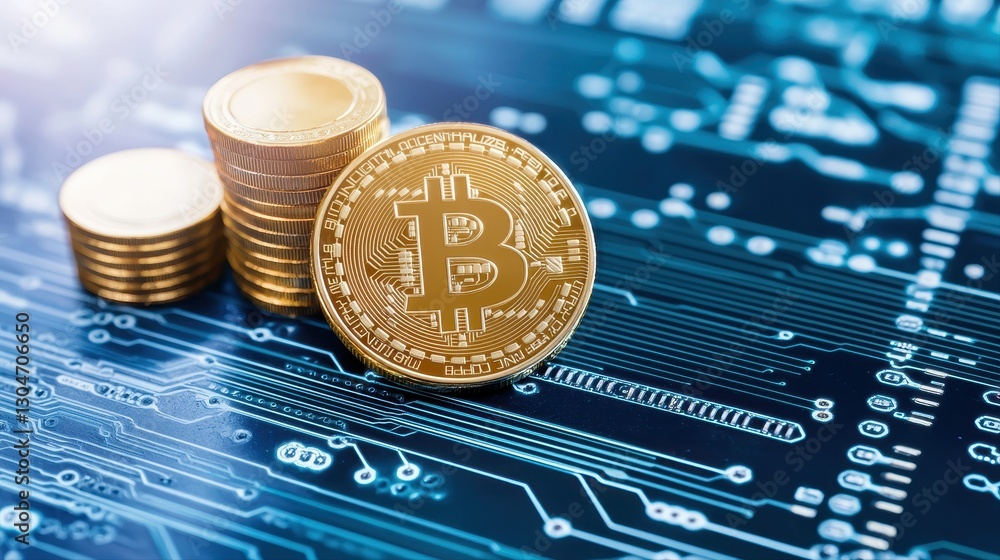 Poster stack of coins on a circuit board representing investment in semiconductor technology and finance co