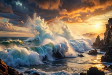 Naklejka premium Panoramic View of Ocean Waves Crashing on Rugged Coastal Rocks