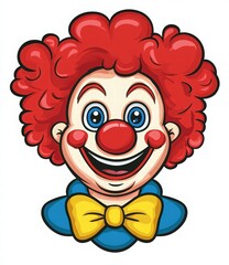 Fototapeta premium cute clown face cartoon character with red hair, blue eyes, and a yellow bow tie on a white background, simple flat design for children's illustrations