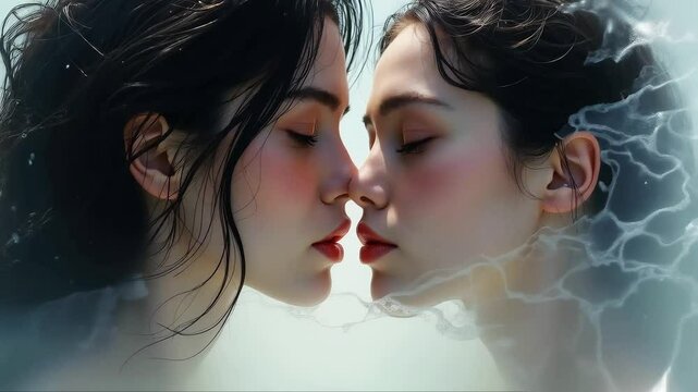 two girls kissing in the water
