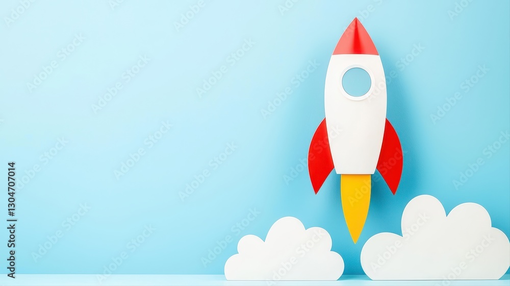 Aufkleber rocket launching through clouds with business concept of startup incubators and accelerators in back