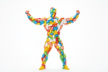 Colorful pills forming human figure symbolizing health and medicine concepts.