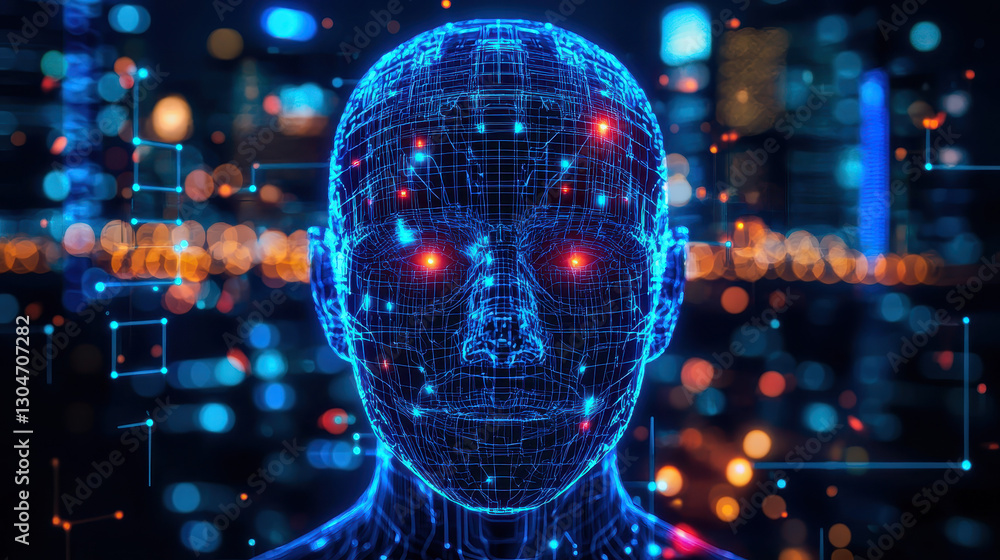 Poster cybernetic digital clone scans high-security network in neon-lit cyberspace