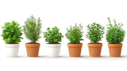 Fototapeta premium Six potted green plants are displayed against a white background