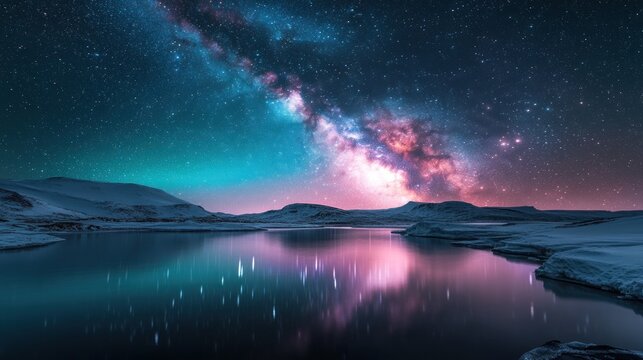 Milky Way reflection over frozen lake at night